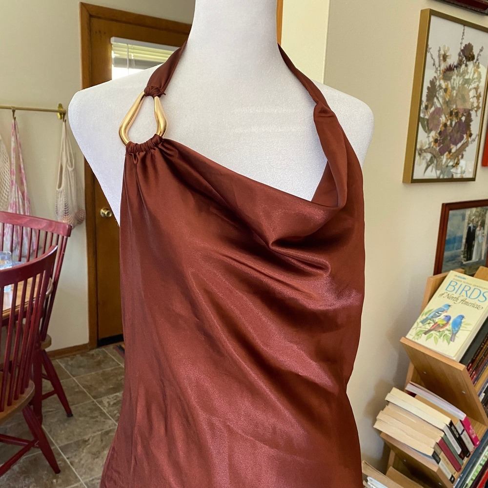 Satin Halter Cowl Neck Chocolate Brown Maxi Slip Dress Large Cocktail Silky 90s